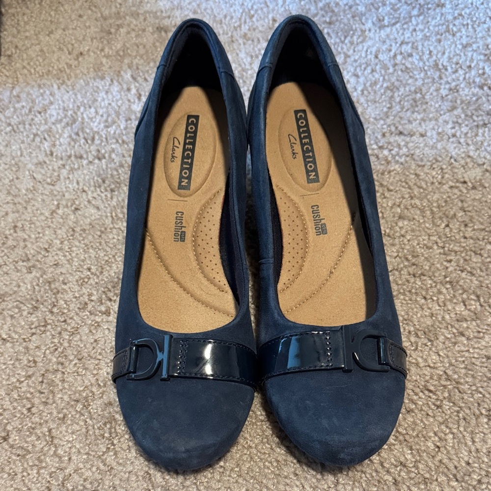 Clarks Navy Suede Wedge Pumps with Patent Trim